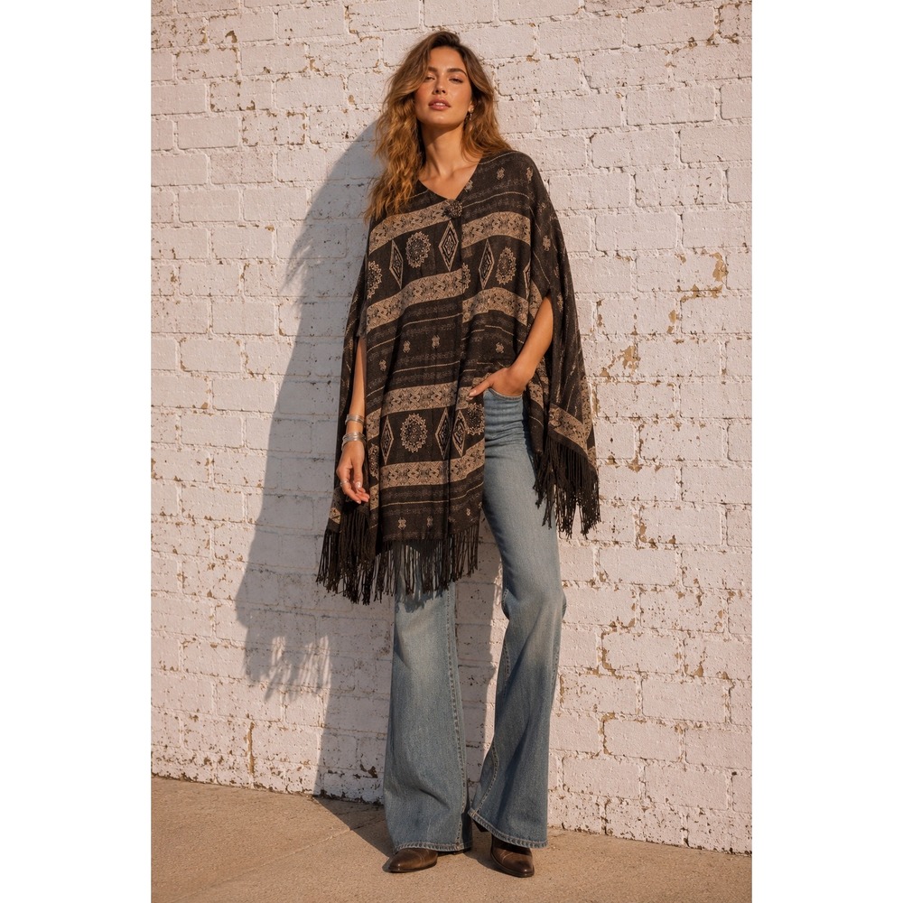 Vintage Gina K Plus‎ Southwestern Fringe Poncho Cape Boho Festival Knit OS